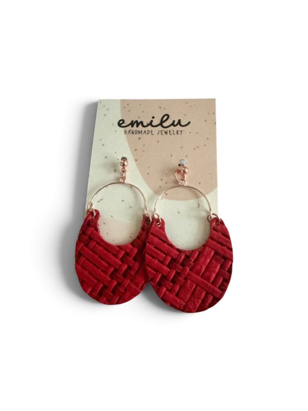 emilu Handmade Red Textured Basketweave Leather Crescent Hoop Dangle Earrings